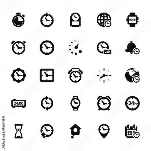 25 set of outline web watches icons such as circular clock with clockwise arrow around, alarm clock, watch, digital rectangular clock, sand vector thin icons for report, presentation, diagram, web