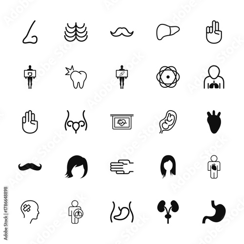 25 set of outline web body parts icons such as ribs lines, standing man holding a large intestines image, hunger games hand gesture, mustache curled tip variant, male head vector thin icons for