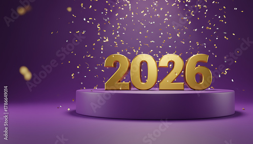 Happy New Year poster with golden letters 2026 on dark shimmering purple and dark blue background Happy Celebration Sparkles Banner Generative AI	