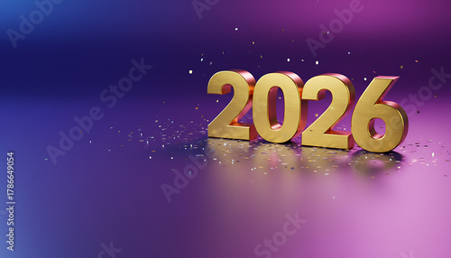 Happy New Year poster with golden letters 2026 on dark shimmering purple and dark blue background Happy Celebration Sparkles Banner Generative AI	