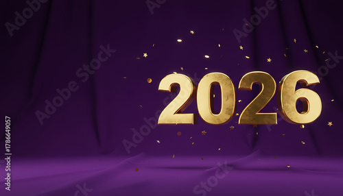 Happy New Year poster with golden letters 2026 on dark shimmering purple and dark blue background Happy Celebration Sparkles Banner Generative AI	