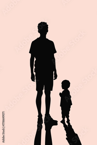 Silhouette of an adult and child facing each other with long shadows, symbolizing inner child connection, reflection, growth, memory, psychology, and emotional healing.