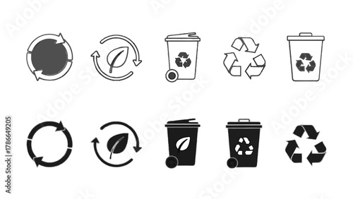 Vector illustration of recycling symbols and trash cans on a white background