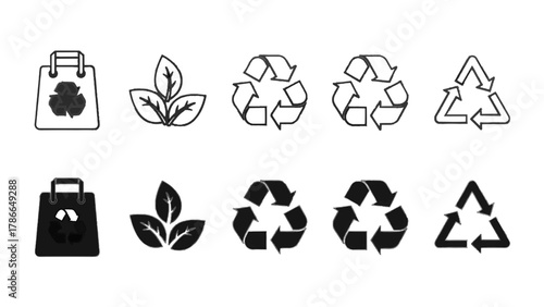 Vector illustration of recycling symbols, shopping bag, and leaves on a white background