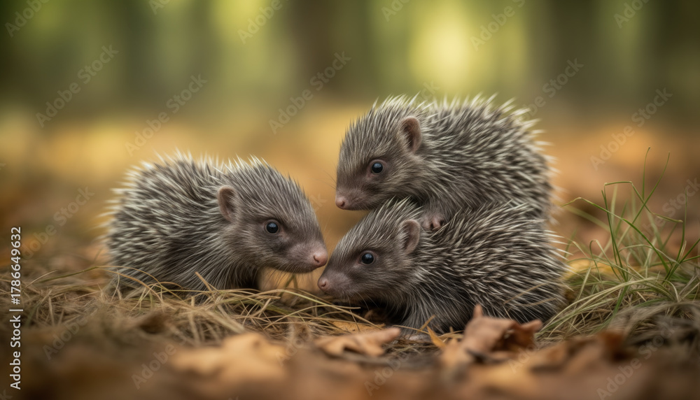 Fototapeta premium Three playful baby porcupines in their natural environment. Porcupettes born with soft, flexible quills.