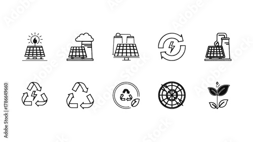 Vector illustration of set of icons for renewable energy and recycling on a white background