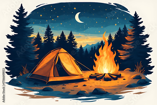 A cozy campsite scene featuring a tent illuminated by a campfire under a starry, moonlit night sky among tall pine trees.