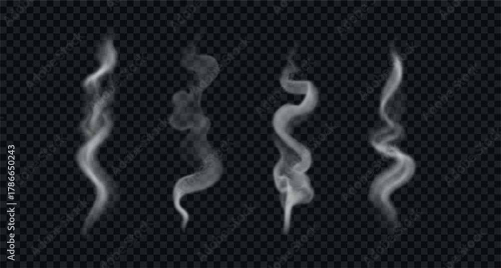 Naklejka premium Wavy smoke and steam from hot food or coffee. Different vertical vapor isolated on transparent background