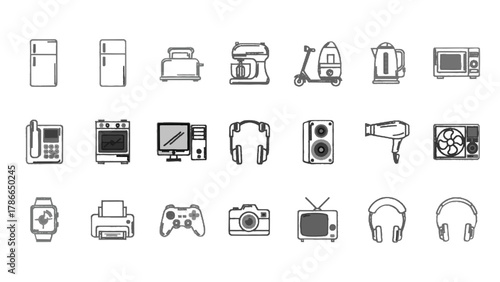 Vector illustration of collection of household appliances and electronics icons on a white background