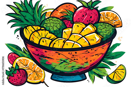 Colorful illustration of a bowl filled with various fresh fruits, including pineapple, orange, and strawberry.