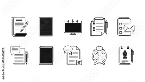 Vector illustration of set of business and office icons, including documents, charts, and communication on a white background