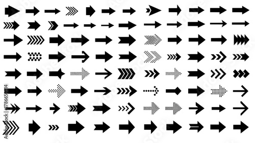 Vector illustration of large collection of various black arrow icons on a white background