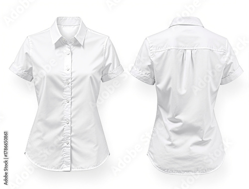 Classic white women's short sleeve collared shirt, front and back views isolated on white