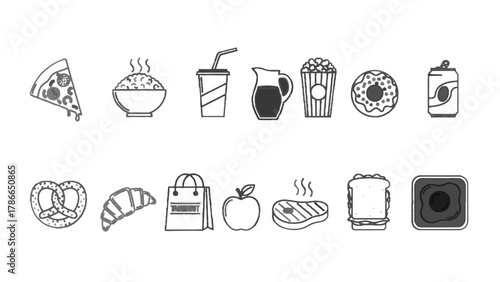 Vector illustration of assortment of food and drink icons, including fast food and healthy options on a white background