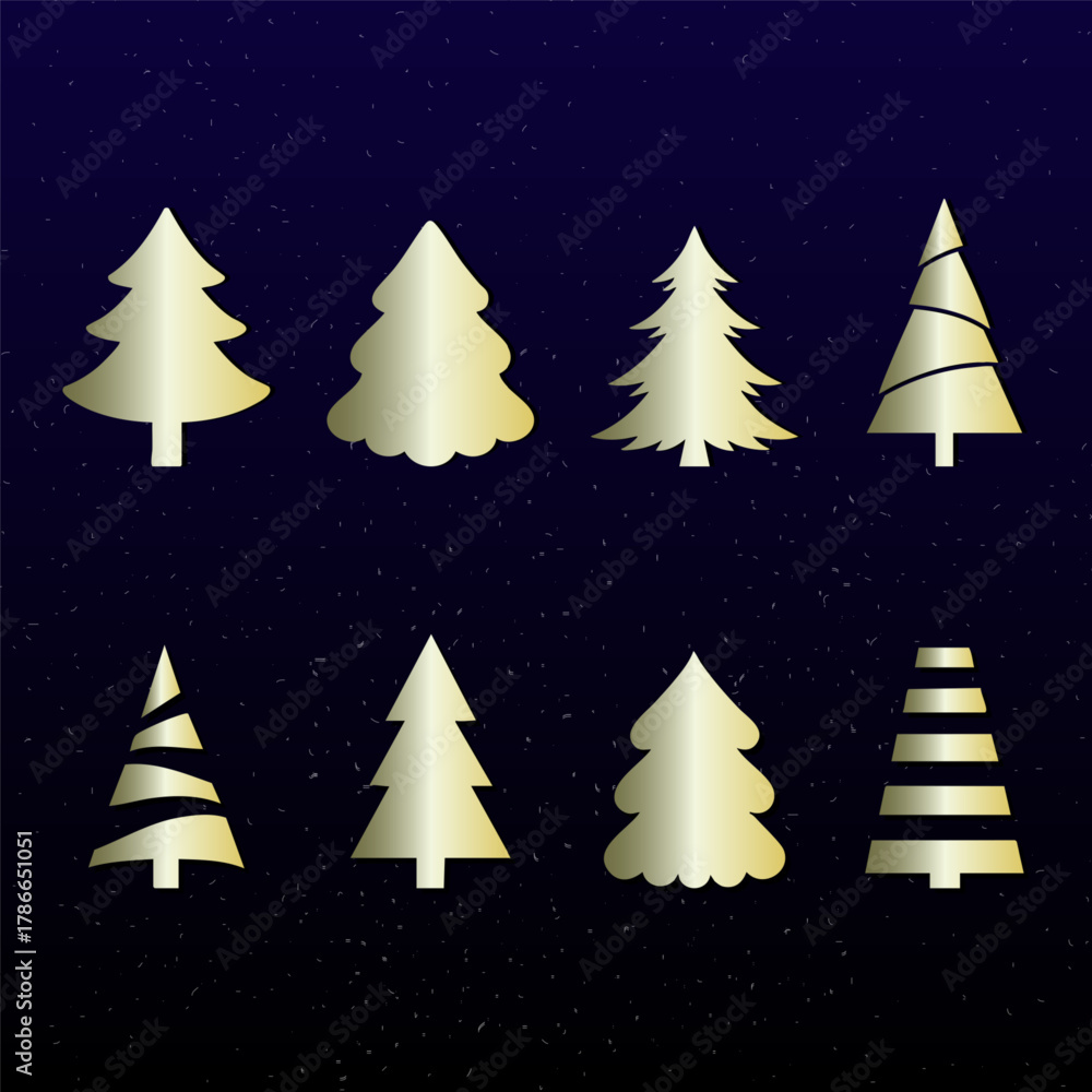 Obraz premium Stylized Gold Christmas Tree Icons on Dark Blue Starry Background. Holiday Graphic for Seasonal Use. Each tree has a unique design, including smooth curves, scalloped edges, and decorative stripes.