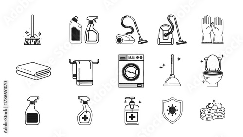Vector illustration of collection of cleaning and hygiene icons, including broom, spray, and washing machine on a white background