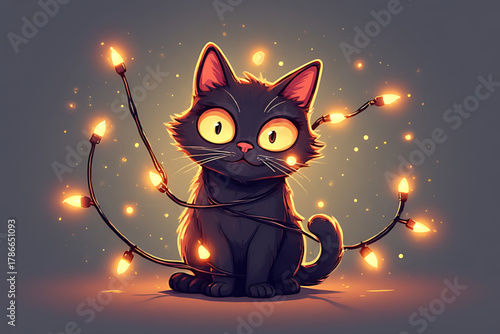 A cartoon black cat is entangled in glowing holiday lights, looking surprised.