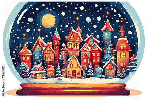 Illustration of a snow globe featuring a charming winter village scene with snow-covered houses under a moonlit sky.