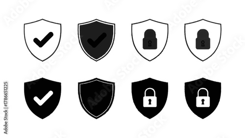 Vector illustration of set of security shield icons with checkmark and lock symbols on a white background