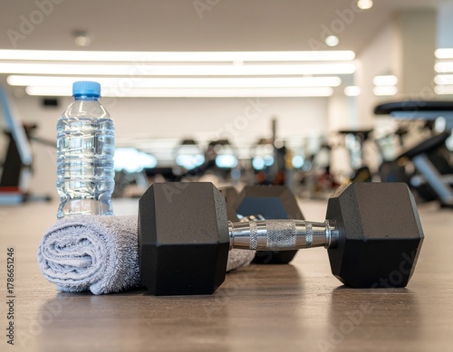 Dumbbells on the floor in a concept fitness room with exercise equipment behind.