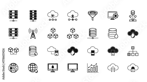 Vector illustration of collection of cloud computing and data storage icons on a white background