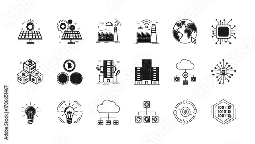 Vector illustration of set of icons representing technology, business, and finance concepts on a white background