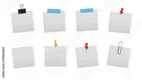 Vector illustration of collection of sticky notes with pins and clips on a white background