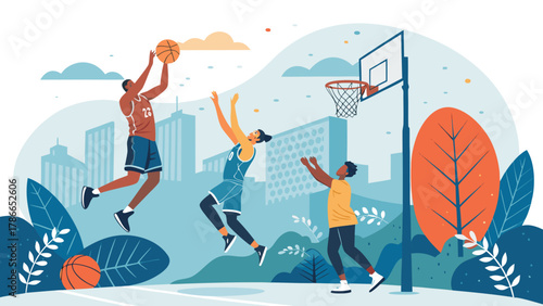 Basketball game illustration showing players shooting hoops in an urban sports and recreation setting design