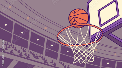 Basketball game illustration of ball going through hoop in arena for sports and recreation fans