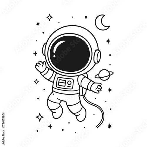 Floating astronaut. Hand-drawn coloring pages