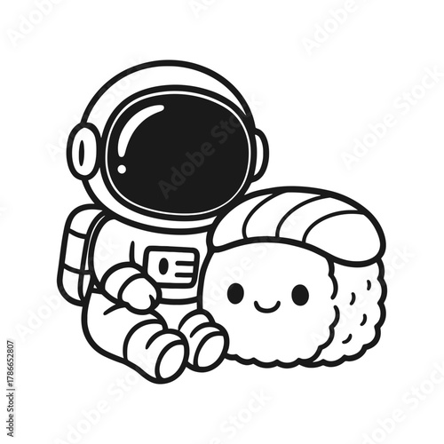 Astronaut with sushi. Hand-drawn coloring pages