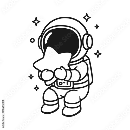 Astronaut hugging a star. Hand-drawn coloring pages