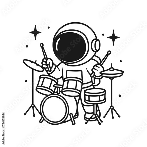 Astronaut playing drums. Hand-drawn coloring pages