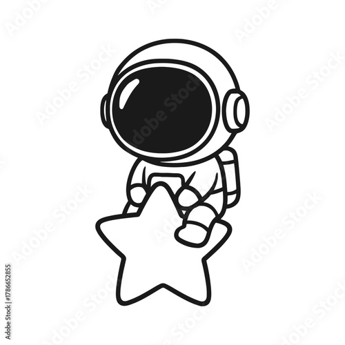 Astronaut sitting on a star. Hand-drawn coloring pages
