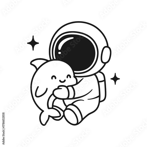 Astronaut playing with dolphins. Hand-drawn coloring pages