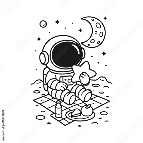 Astronauts resting on the moon. Hand-drawn coloring pages