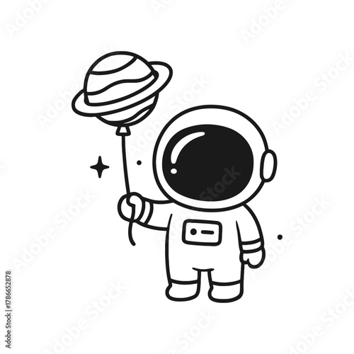 Astronauts carrying planet balloons. Hand-drawn coloring pages