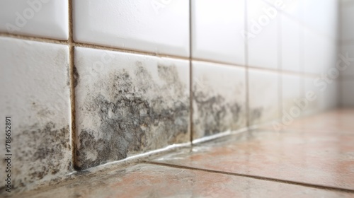 Mold growth on bathroom tiles and grout after water exposure reveals cleaning challenges in home maintenance