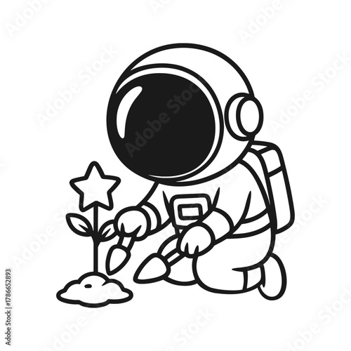Astronauts planting trees. Hand-drawn coloring pages