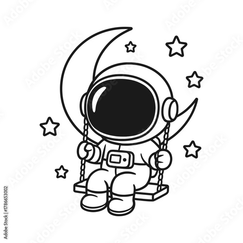 Astronauts playing on a swing on the moon. Hand-drawn coloring pages