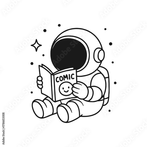 Astronaut reading comics. Hand-drawn coloring pages