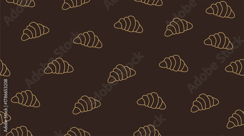 Seamless croissant pattern with golden line art on dark brown background, perfect for bakery, coffee shop, packaging, and cafe branding design.