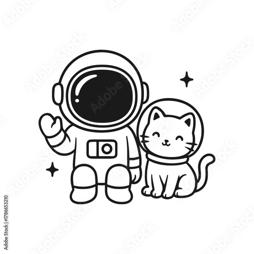 Astronaut with cat. Hand-drawn coloring pages