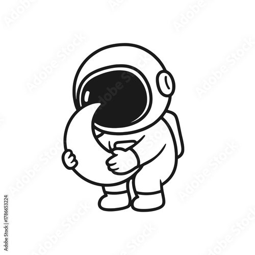 Astronaut playing with the moon. Hand-drawn coloring pages