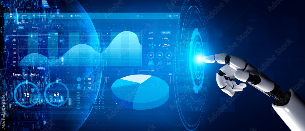 Naklejka premium A robotic hand is poised to interact with a digital interface displaying charts, graphs, and analytical data, symbolizing advanced technology and innovation. Impute