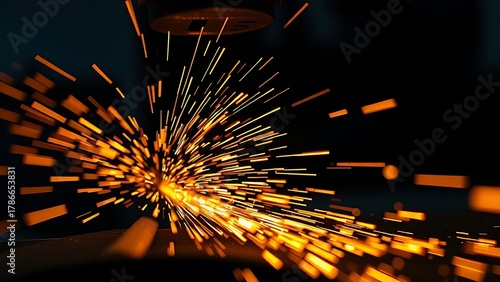 workpiece. Industrial metal cutting with glowing sparks flying in dynamic motion against a dark backdrop. safety posters.