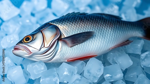 seabass. Fresh sea bass on ice, its glistening scales captured in cool, crisp detail. menu design, packaging mockups, designed for food delivery and cloud-kitchen brand materials.