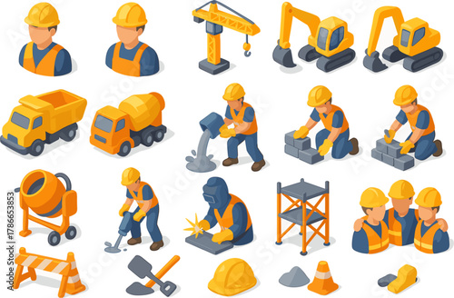 Isometric Construction Workers and Equipment — Building Industry Illustration