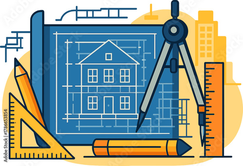 Architecture and Engineering Blueprint Illustration — Construction Design Tools