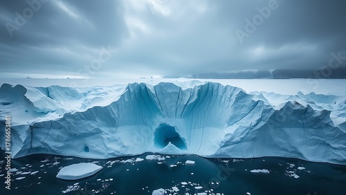 recently. A vast Antarctic glacier with a massive, geometric blue void in the ice, under a troubled, melancholic sky. ESG reports.